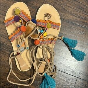 Mia Sandals size 9 - Gladiator style with beads and Pom poms